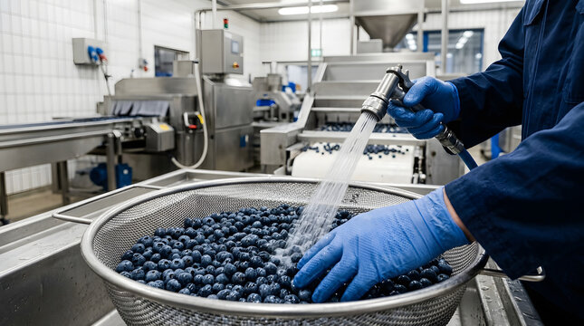 Man Washing Fresh Blueberries in Metal Colander with Water Spray Gun in Food Processing Factory