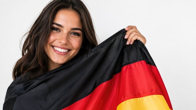 Smiling young woman holding the German flag with national pride and cultural identity