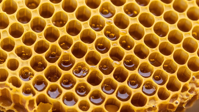 Golden honeycomb filled with fresh organic nectar displays hexagonal wax patterns in vibrant warm yellow tones