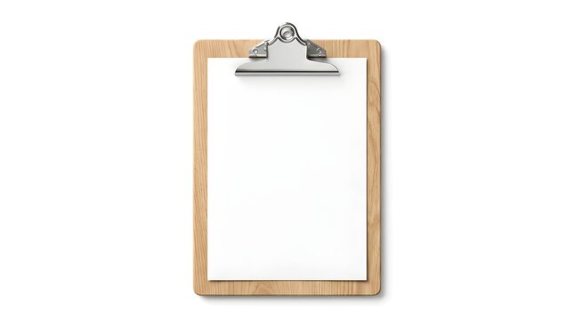 Wooden clipboard with blank white paper isolated on a white background, mockup template for business design