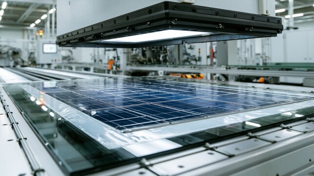 Solar panel lamination press with photovoltaic cell array visible in sharp focus and a blurred factory behind. Concept of solar panel manufacturing.
