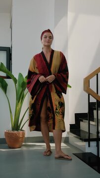 Close up of elegant woman wearing luxury kimono robe.