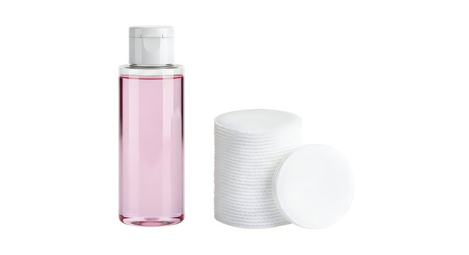 Clear bottle of pink micellar water and a stack of round cotton pads for beauty and skin care isolated on white background