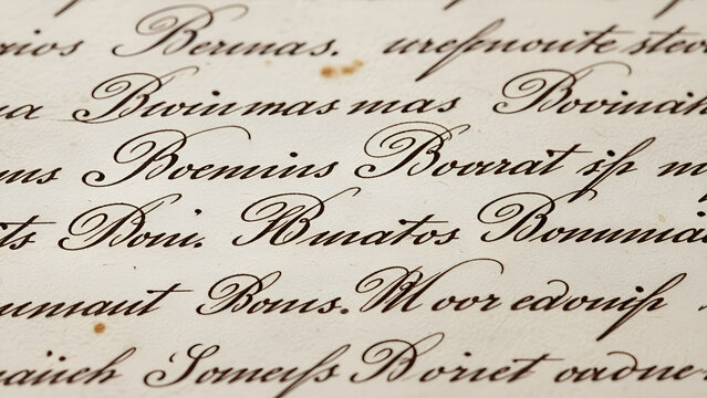 Elegant historical handwritten cursive calligraphy script flowing across textured aged cream colored parchment paper surface macro