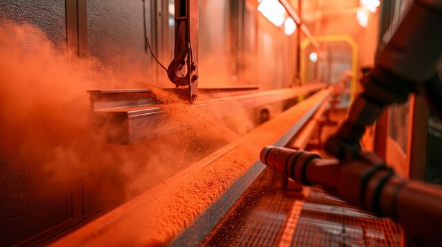 Powder coating spray booth with vivid powder particles coating a metal component in sharp focus and a blurred facility behind. Concept of surface finishing.