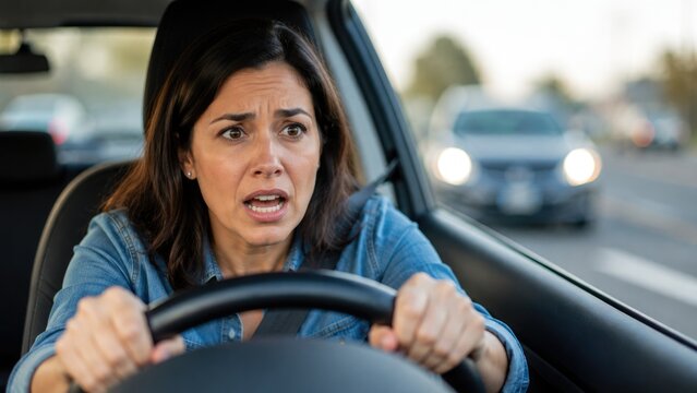 Scared Woman Driving Car in Heavy Traffic Facing Dangerous Road Situation