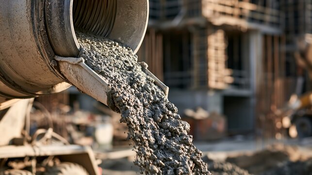 Concrete mixer drum with rotating fins and flowing concrete in sharp focus and a blurred construction site behind. Concept of concrete delivery.