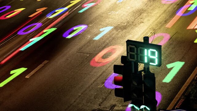 traffic lights at a on sathorn road in bangkok with code and data overlayed onto the road