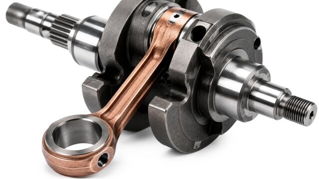 Precision Engine Crankshaft with Connecting Rod Isolated on White Background