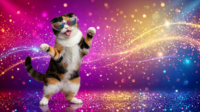 Cute cat wearing sparkly sunglasses dancing on colorful glitter party background