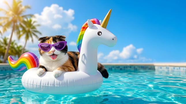Cute cat wearing sunglasses relaxing on unicorn pool float in sunny swimming pool