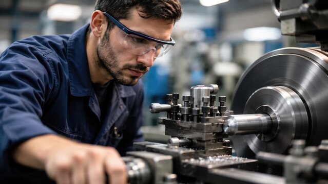 Professional Machinist Operating Precision Metal Lathe Machine in Modern Factory