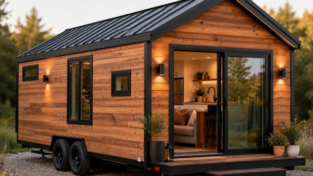 Modern Luxury Tiny House on Wheels with Stylish Wooden Exterior and Cozy Contemporary Interior at Sunset