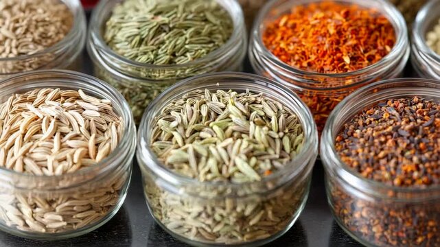 selective focus fennel seeds in glass jar surrounded by cumin and coriander spices