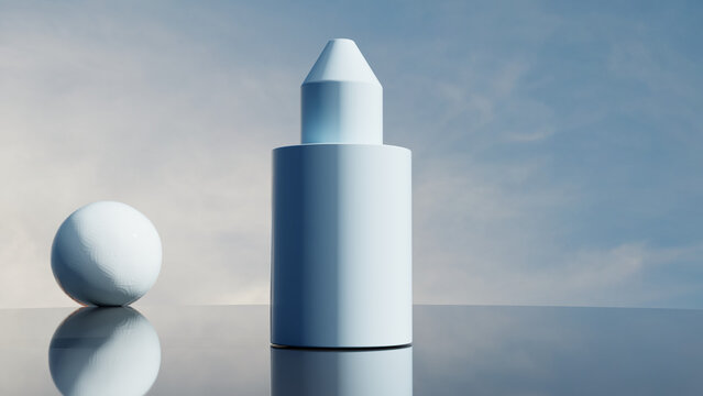 Minimalist White Bottle Mockup and Sphere Against Blue Sky