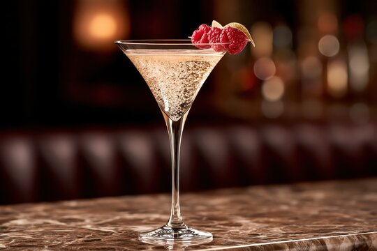 Sparkling raspberry martini cocktail with fresh fruit in moody bar