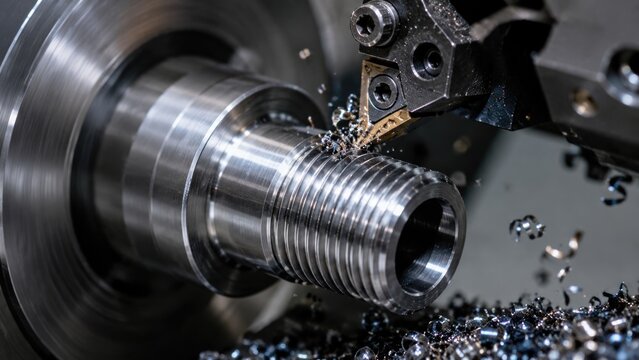 Precision CNC Lathe Machine Cutting External Metal Thread with Flying Chips in Industrial Workshop