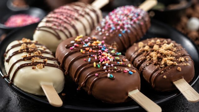 Assorted Chocolate Covered Ice Cream Bars with Colorful Toppings and Sweet Dessert Presentation