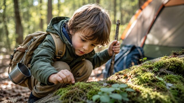 Curious Young Child Exploring Moss in Forest During Family Camping Adventure