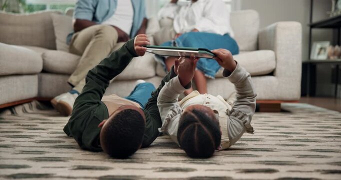 Children, relax and play in family home with tablet, siblings bonding and website for knowledge game. Kids, brother and sister on floor with tech, scroll and online gaming with parents supervision.