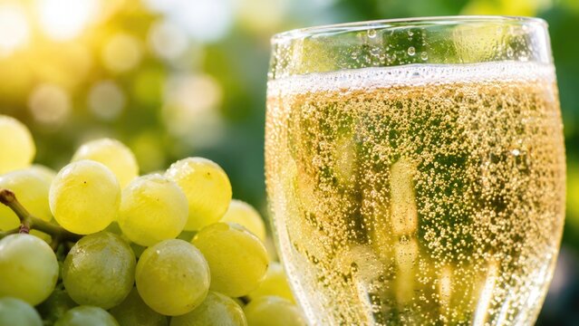 Sparkling White Grape Juice in Glass with Fresh Green Grapes in Sunlit Vineyard Setting