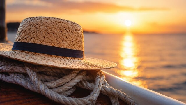 Straw Summer Hat Resting on Boat Deck with Rope During Beautiful Golden Sunset Over Calm Sea