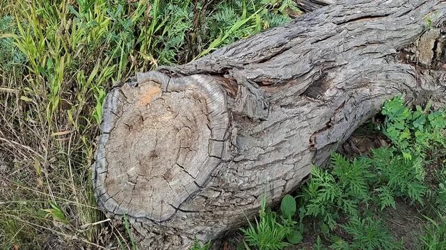 Fallen log lying on forest ground near green grass. Rustic natural background for greeting card. Wild wood trunk texture for environment design project concept.