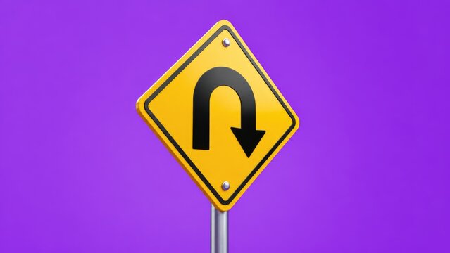 Yellow U Turn Road Traffic Sign Isolated on Vibrant Purple Background