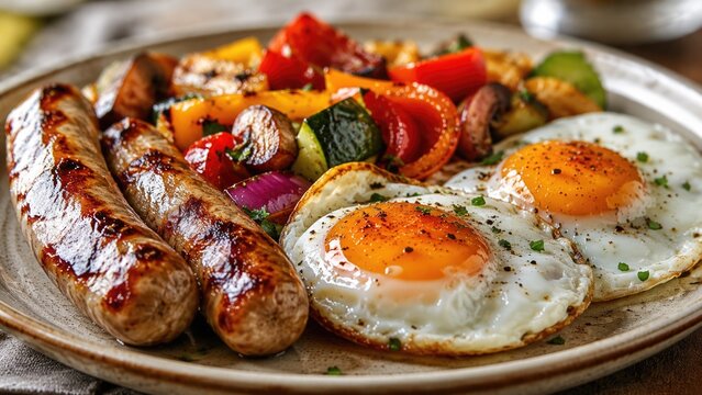 Grilled Sausages with Fried Eggs and Roasted Vegetables on Breakfast Plate