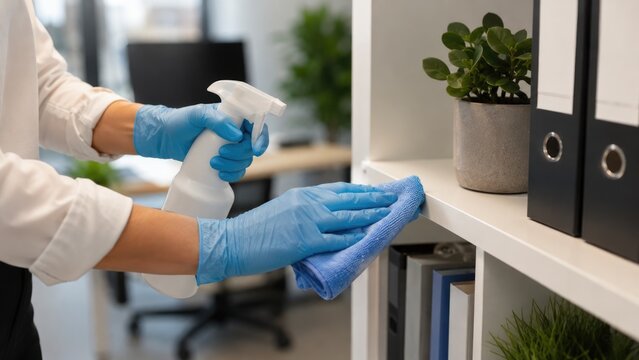Cleaning Office Shelf with Microfiber Cloth and Spray Bottle Wearing Protective Gloves