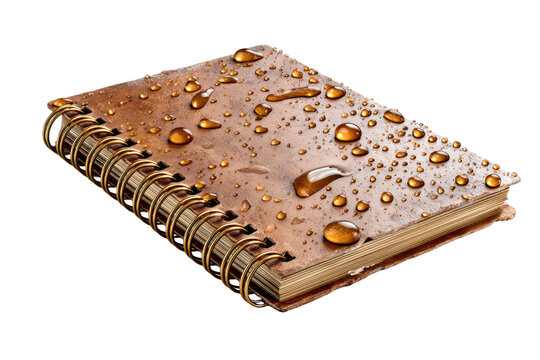 Waterproof Notebook Close-up: A close-up shot showcases a brown, spiral-bound notebook with a textured cover covered in numerous water droplets, highlighting its waterproof quality.