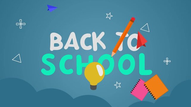 Animated Back to School Vector Typography Text Falling Down with Moving Educational Elements, Lightbulb, Pencil, Paper Plane, and Notebooks Banner Motion Graphic