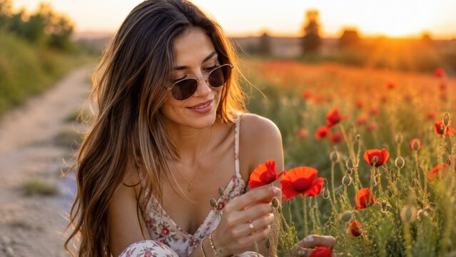 Young Woman Admiring Red Poppies in Blooming Meadow at Golden Sunset
