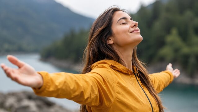 Happy Woman Enjoying Fresh Mountain Air with Open Arms in Beautiful Nature