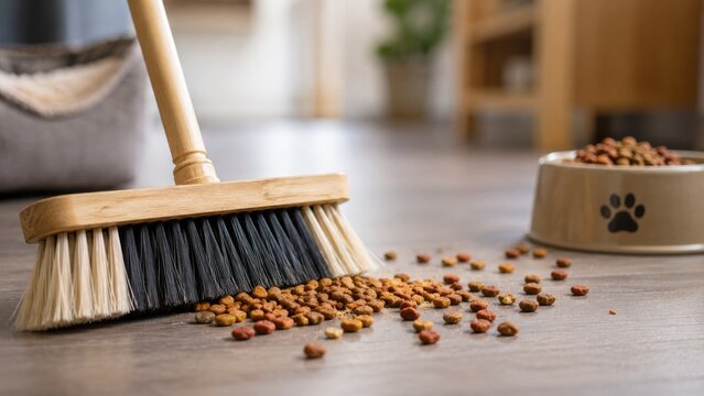 Sweeping Dry Pet Food from Floor Near Dog Bowl During Home Cleaning