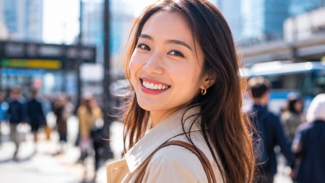 Smiling Young Asian Woman Walking in Busy Modern City Street
