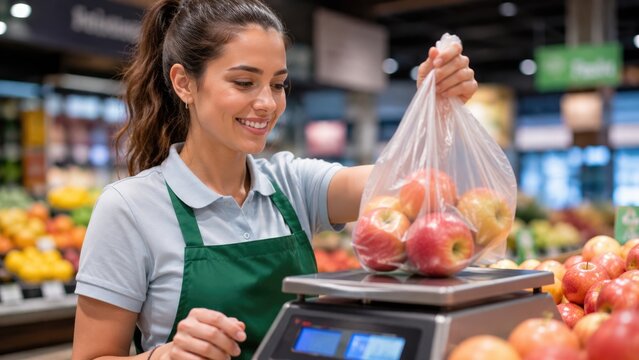 Female Grocery Store Employee Weighing Fresh Apples in Plastic Bag