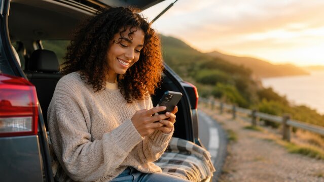Smiling Young Woman Using Smartphone While Relaxing in Open Car Trunk at Coastal Sunset