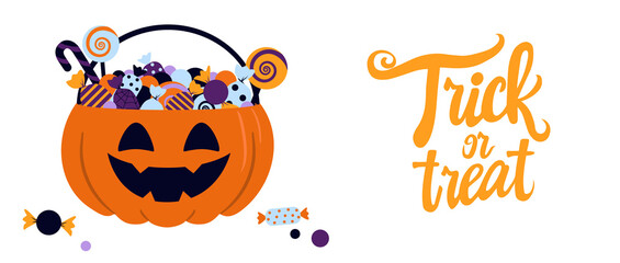 Fototapeta premium Horizontal banner with a Pumpkin-shaped Halloween basket filled with festive candy and a text Trick or treat. Illustration on a transparent background