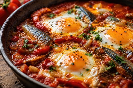 Traditional Shakshuka with Sardines Eggs Tomatoes and Peppers Cooked in Cast Iron Pan