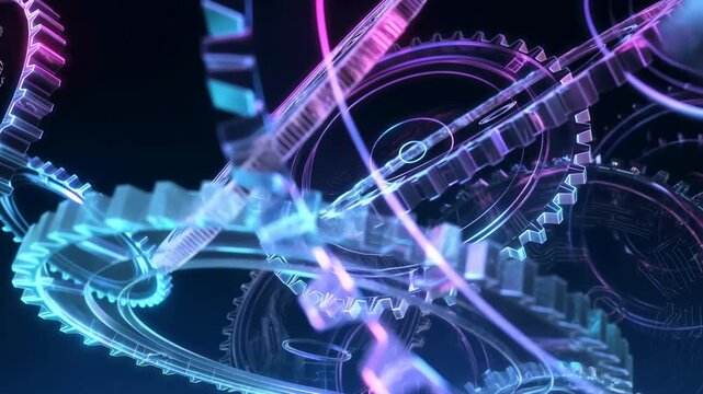 Transparent interlocking gears and toothed rings rotating with cyan and magenta neon rim light, glossy reflections, deep dark contrast, and diagonal layered mechanical composition