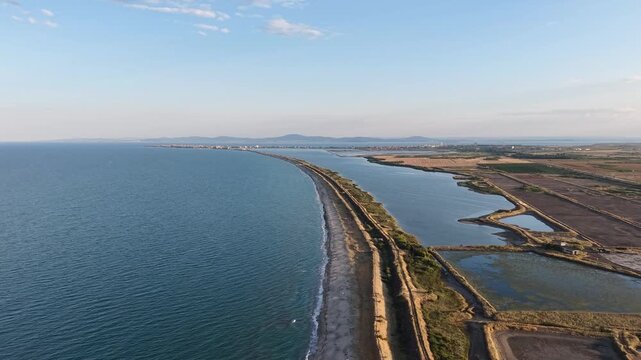 Panoramic Aerial View of Pomorie Lake Sand Spit and Black Sea Coastline