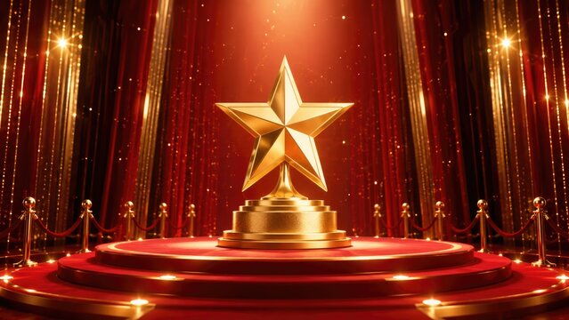 Golden Star Award Trophy on Luxury Red Stage with Spotlight and Glitter