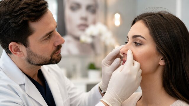 Plastic Surgeon Examining Young Woman Nose During Cosmetic Rhinoplasty Consultation