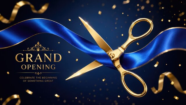 Luxury Grand Opening Ceremony with Golden Scissors Cutting Blue Ribbon and Confetti