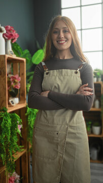 Woman florist in apron smiles with arms crossed among pots and flowers in studio; friendly confidence.