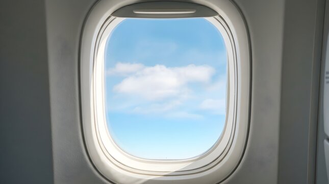 A peaceful view of blue skies through an airplane window captures the excitement of air travel, vacations, international journeys, freedom, and scenic flights above the clouds.