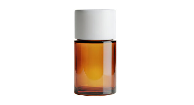 Small amber glass bottle with a white lid standing upright isolated on a clean white background isolated on white background