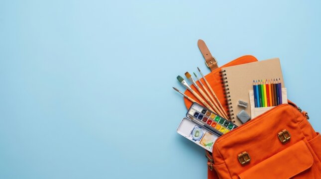 Orange backpack filled with art supply on light blue background. Artist equipment including watercolor paint, brush, pencil and notebook. School education and creativity concept.