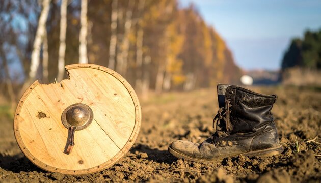 Viking shield and worn boot abandoned on muddy ground in autumn forest path, historical reenactment concept